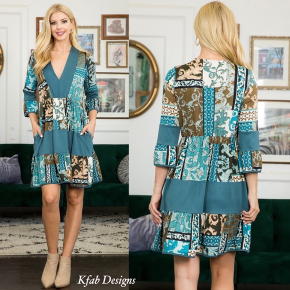 ❤️LAST 3! V Neck Mint Antique Blue Floral and Paisley Dress! - Picture 4 of 7